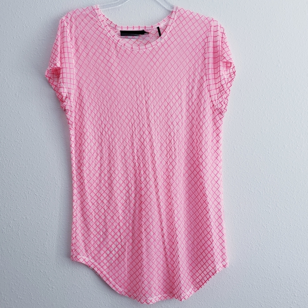 L.A.M.B Sheer Lightweight Neon Pink Lattice Print Short Sleeve Top